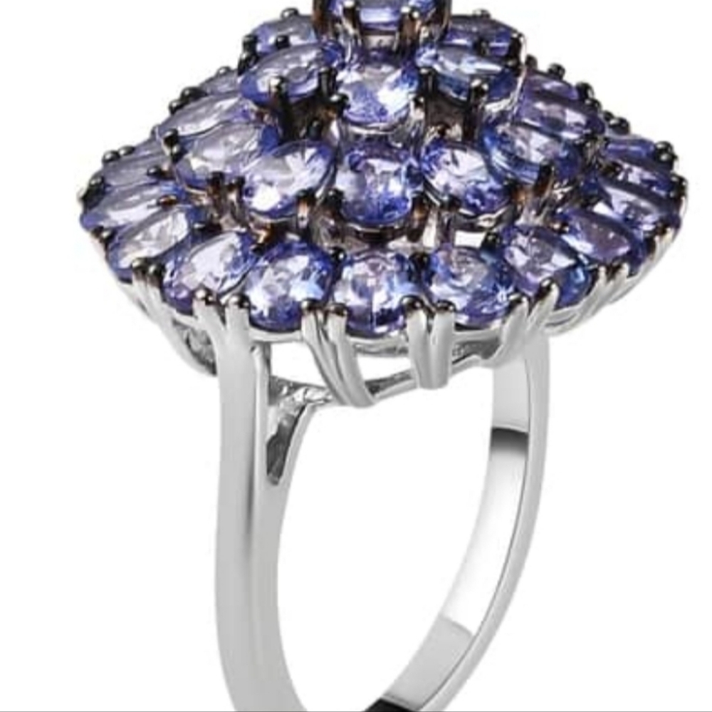 Natural Tanzanite Cluster Ring in Platinum over Sterling Silver Sz 6 - Picture 5 of 14